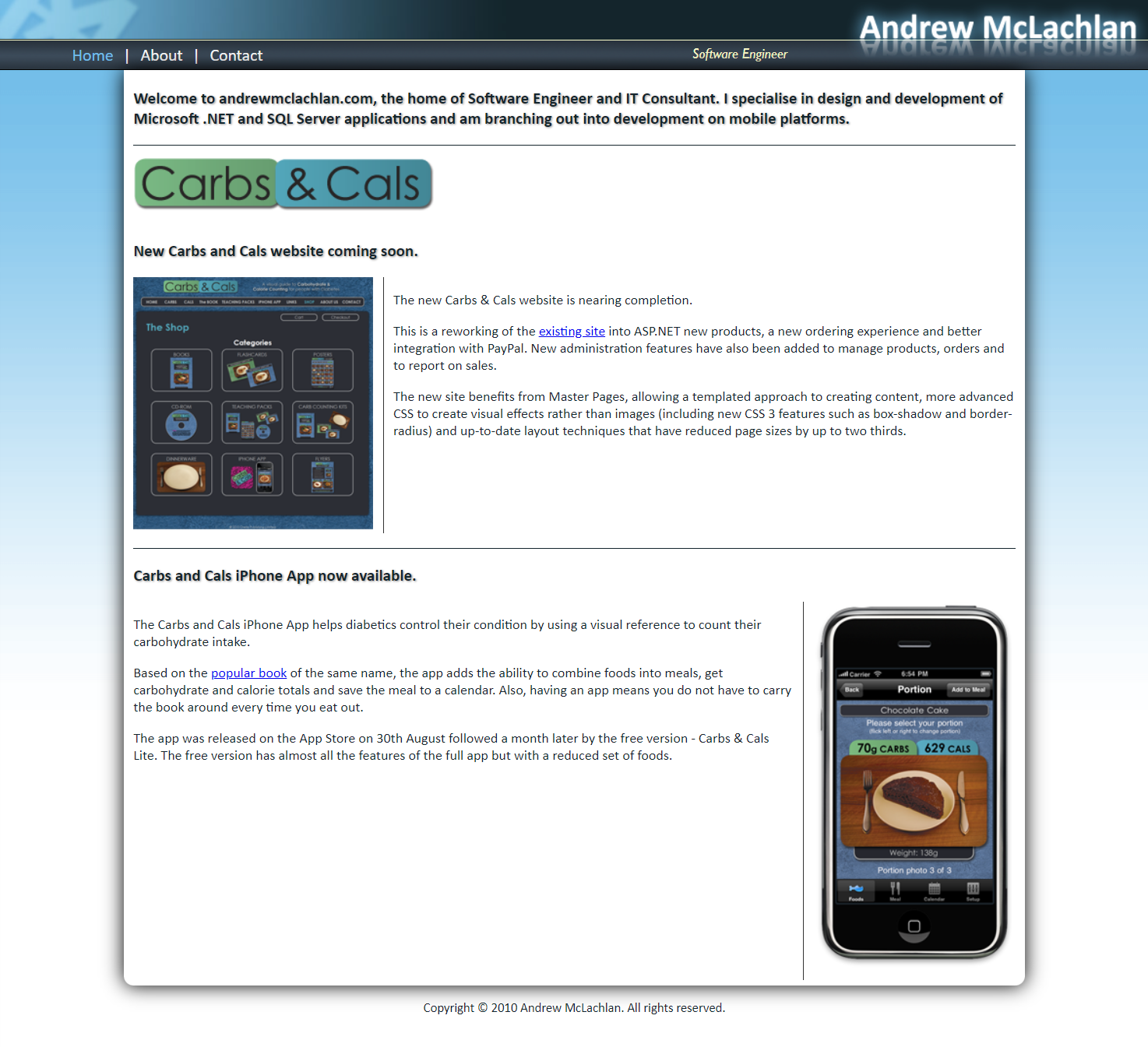 The 2010 site: a white content panel with rounded corners floating on a sky-blue gradient, beneath a dark navy header bar carrying the name Andrew McLachlan