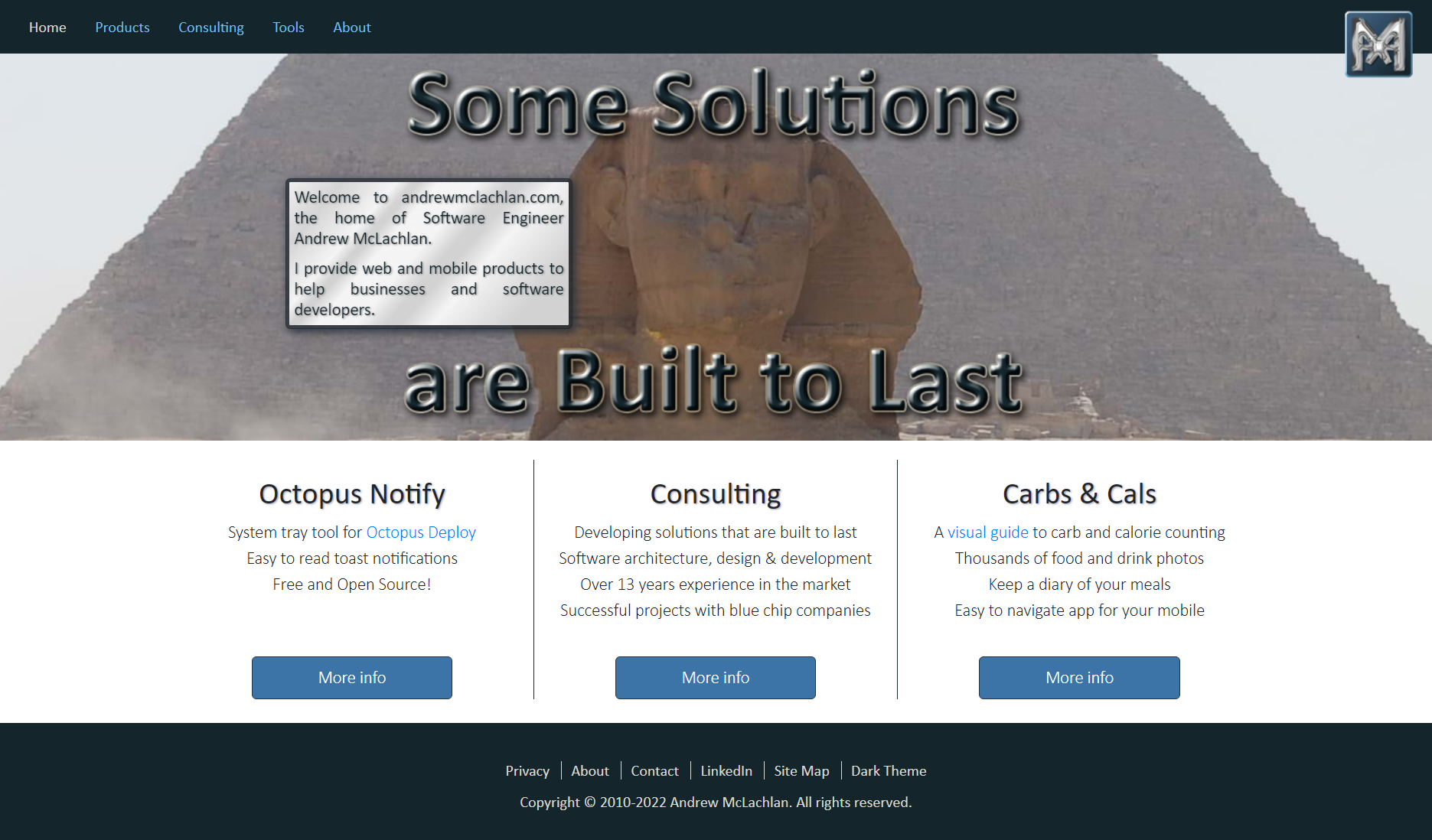 The 2022 site: a full-width photograph of the Sphinx and a pyramid behind the strapline Some Solutions are Built to Last, with three columns of panels beneath