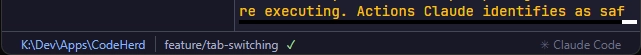 Close-up of the status bar showing folder, git branch, dirty state and Claude status