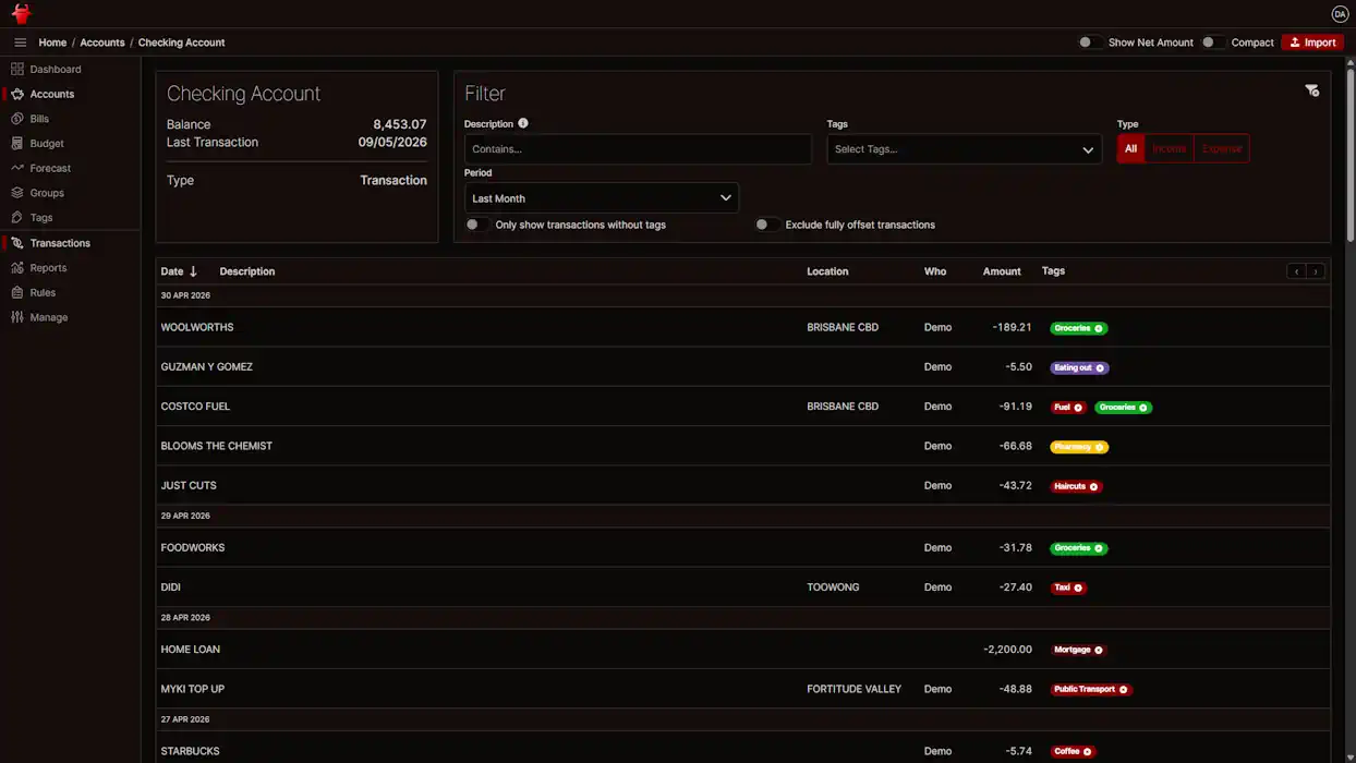 A list of transactions with tags